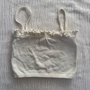 Zara Cream Ribbed Crop Top with Ruffle Trim